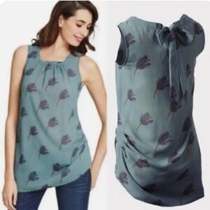 Cabi Sheer Tunic Top Blue Green Side Cinched Tie Back Size Medium